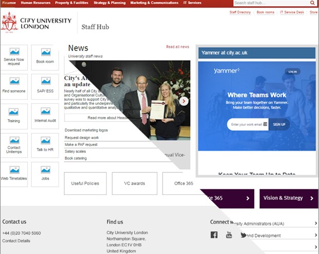 Image of City University London Intranet Homepage half as a wireframe and half as the finished design